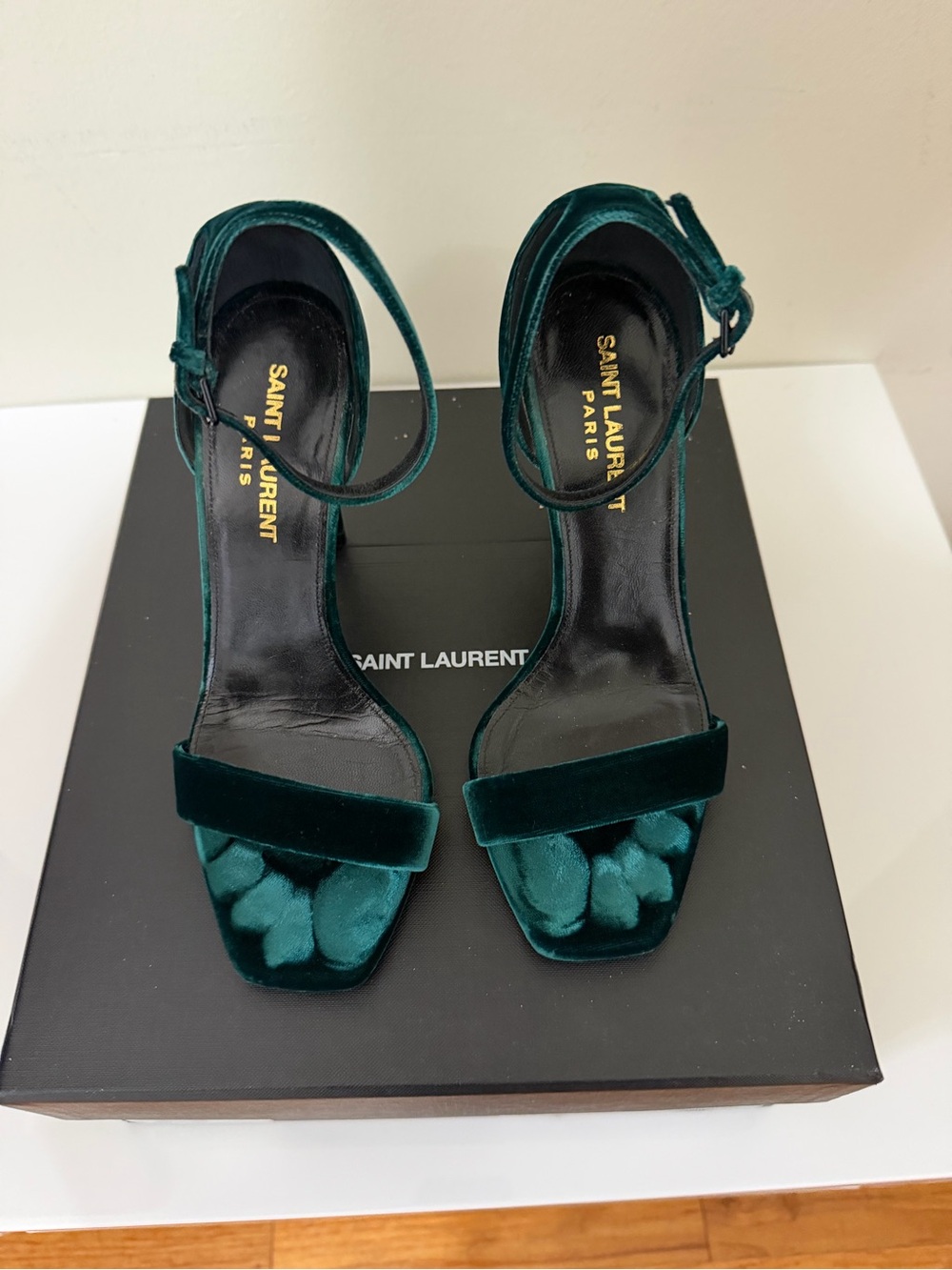 Saint Laurent Emerald Velvet Ankle-Strap Sandals